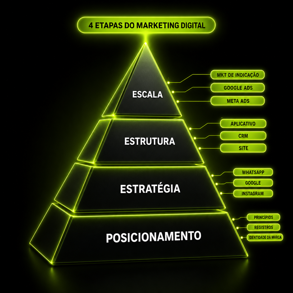 Pirâmide das 4 etapas do Marketing Digital: Posicionamento, Estratégia, Estrutura e Escala
